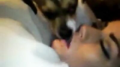 Beautiful girl french kiss with dog