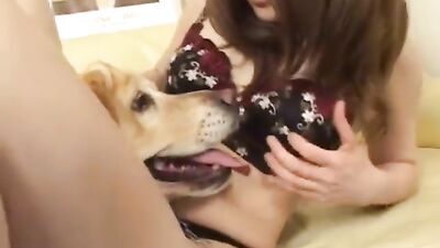 Asian milf fucks female dog