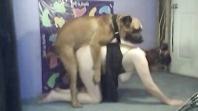 Chubby mom plays with dog