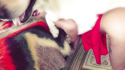 Woman red dress and two dog