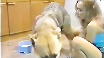 Feeding her dog then fucking him with her BF - Dog sex free