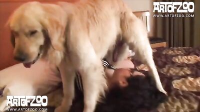 Busty Brunette Vanessa Humps Dog, Takes Big Cock Deep
