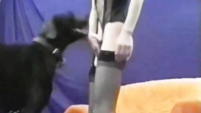 skinny girl and muscle dog
