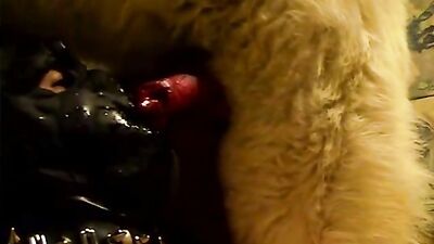 Puppys Slobbery Mask Blow Job Ends in Canine Cream Pie Cumming