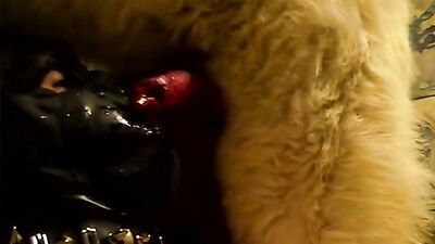 Puppys Slobbery Mask Blow Job Ends in Canine Cream Pie Cumming