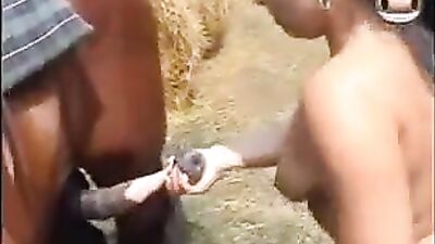 Bareback Brunette Gets Face & Ass Drenched In Thick Horse Jizz