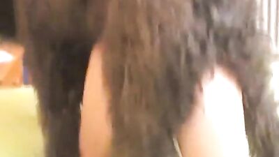 Busty Brunette Bends Over for Hung Canine Companion