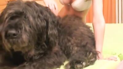 Busty Brunette Bends Over for Hung Canine Companion