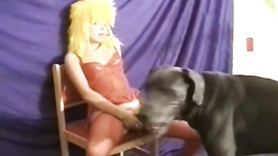 Dog licks peanut butter from girls pussy