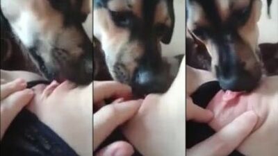 Blonde Babe Gets Drenched in Dogs Saliva