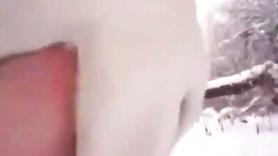 Snowy woods sex with a dog who gets to fuck hard