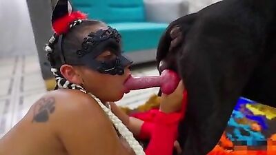 Devilish lady is going to worship two dog cocks
