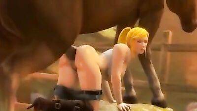 3D zoophile sex scene showing a horny blonde and horse