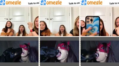 Blonde women react to dog kissing